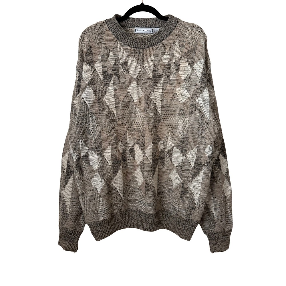 Vintage 90s Saturdays Argyle Diamond Knit Sweater Tan 1990 Ramie Mens Large